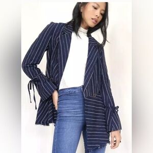 NWOT $148 Free People Stella Blue Striped Button Down Frayed Hem Blazer S